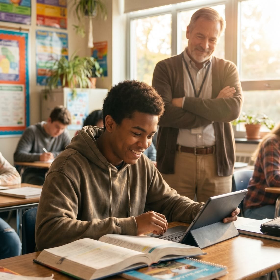 Student developing academic skills with guidance from a teacher