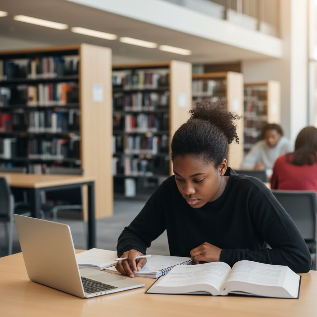 University student studying independently in a library